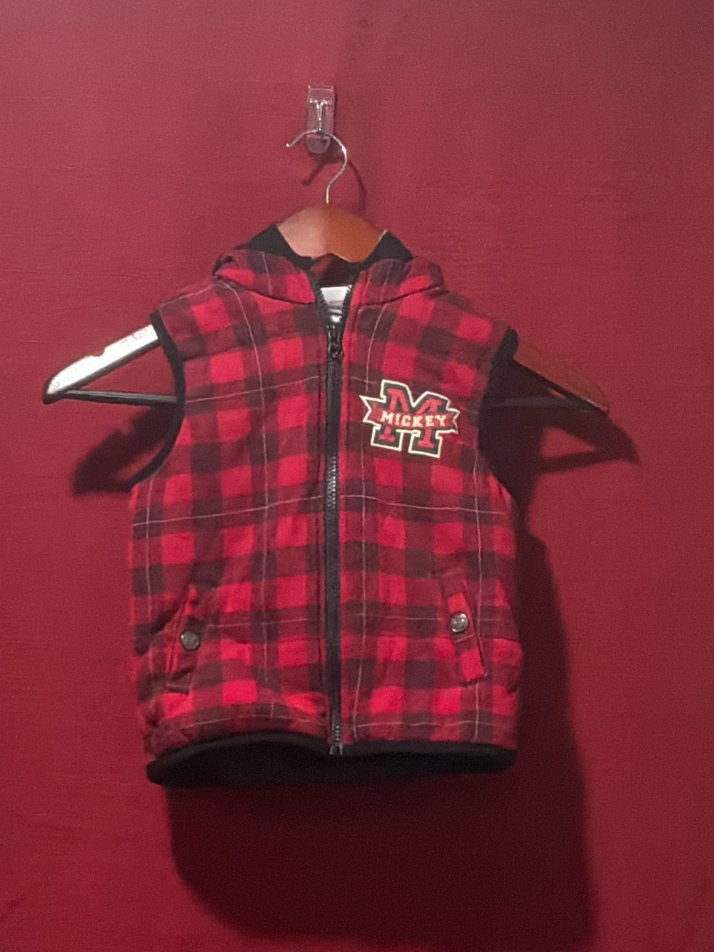 Disney Red and Black Plaid Hooded Vest